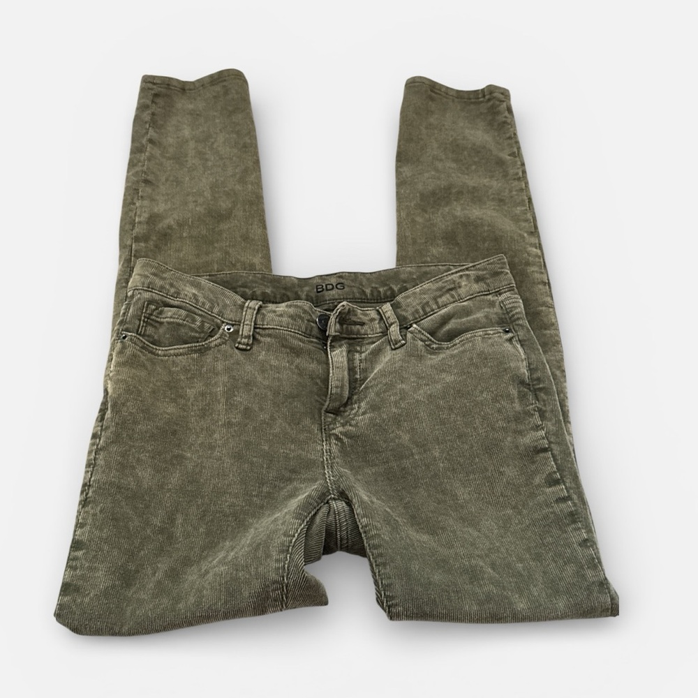 BDG Mid Rise Cigarette ankle distressed green Corduroy Pants Skinny Sz 27W 30L
